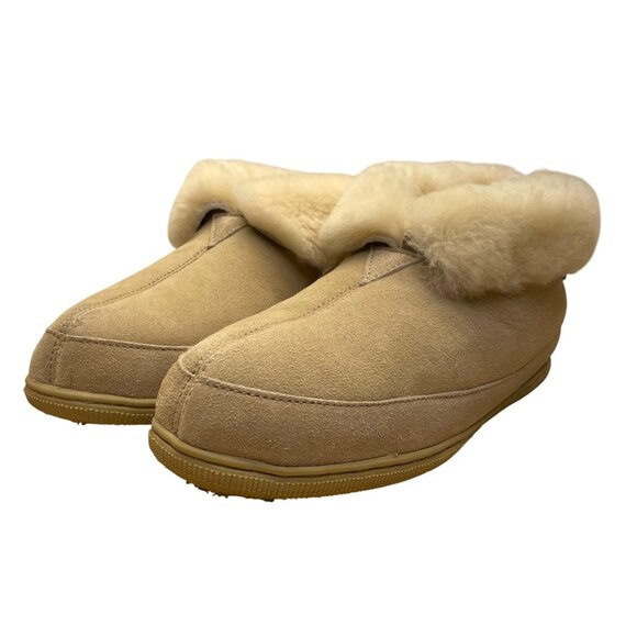 Shearling Unisex Beige Suede Cozy Sheepskin Rolltop Slippers Sz W11/M10 - Picture 3 of 10